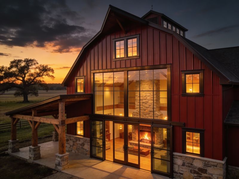 Classic barndominium at sunset